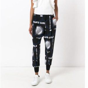 STELLA MCCARTNEY Navy Silk Joey Slogan Print Track Trousers $795 Size 34 US 2